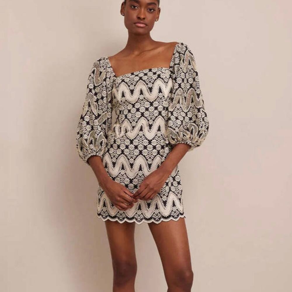 Cara Cara Montauk Two-Tone Floral Eyelet Cotton Mini Dess - Black & Ivory - M